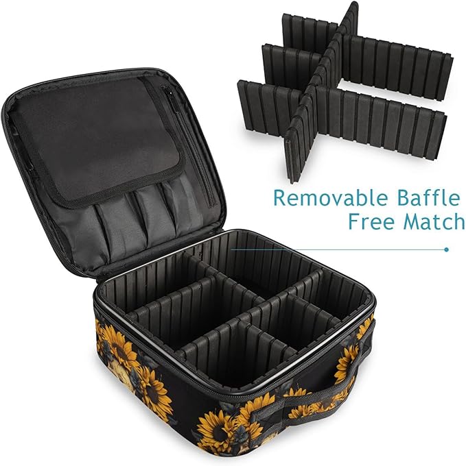 MNSRUU Travel Makeup Bag, Skull and Sunflower Women Makeup Case Organizer Cosmetic Toiletry Bag for Teenage Girl with Adjustable Dividers