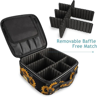 MNSRUU Travel Makeup Bag, Skull and Sunflower Women Makeup Case Organizer Cosmetic Toiletry Bag for Teenage Girl with Adjustable Dividers