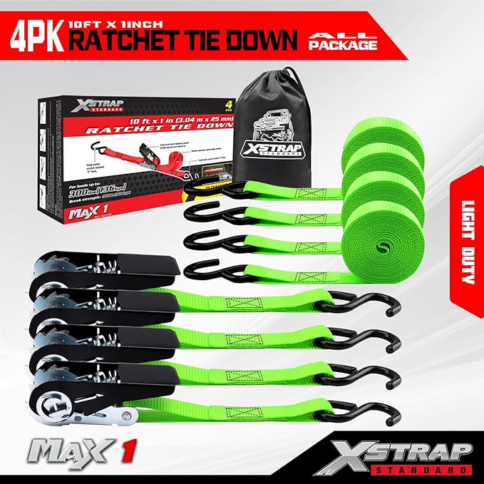 XSTRAP STANDARD Ratchet Tie Down Straps 4 Pk 10 Ft- 300 Lbs Load Cap- 900 Lbs Break Strength-Cargo Straps for UTV, ATV, Pickup,Truck, Moving Appliances, Lawn Equipment, Neon Green