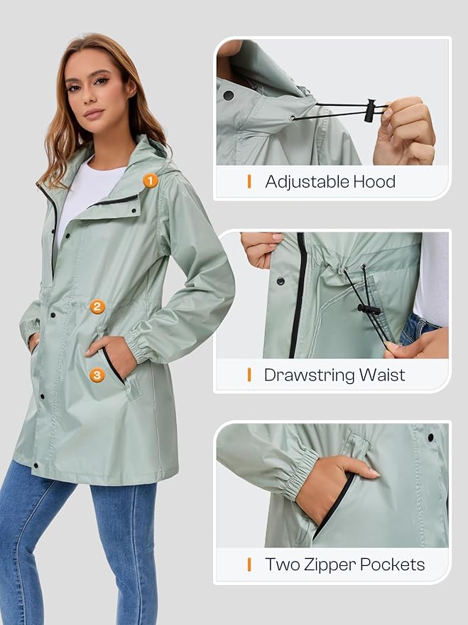 SaphiRose Women's Lightweight Long Rain Jacket Packable Raincoat Hooded Outdoor Trench Coats