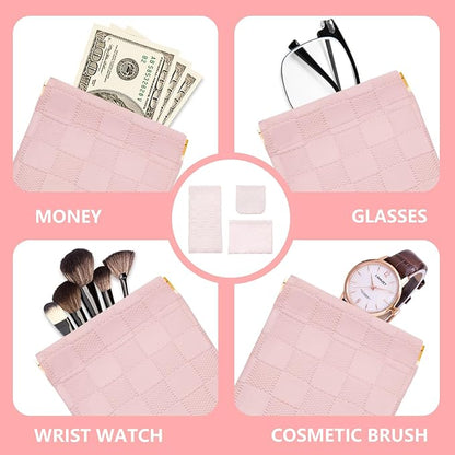 3PCS Small Makeup Bag for Women, Mini Cosmetic Bags Leather Pocket Pouch Purse,Snap Closure Waterproof Portable Bag,Checkered Storage Travel Bag for Lipstick Change Glasses Coin Cards (Pink)