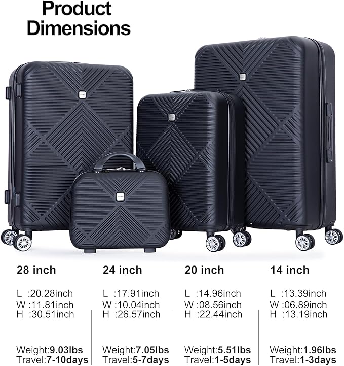 Luggage 4 Piece Set, Hardshell ABS Suitcase Set with Double Spinner Wheels, Lightweight Suitcase, Carry On and Checked Travel Luggage,Dark Black