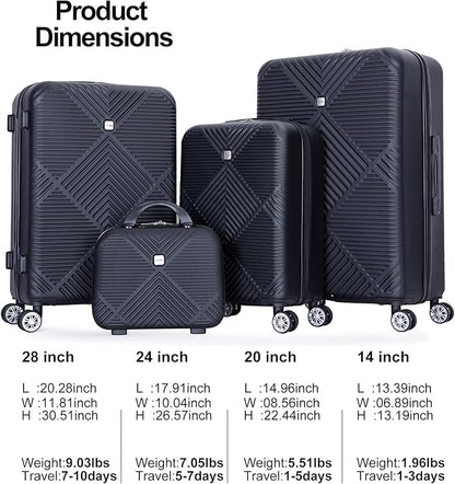 Luggage 4 Piece Set, Hardshell ABS Suitcase Set with Double Spinner Wheels, Lightweight Suitcase, Carry On and Checked Travel Luggage,Dark Black