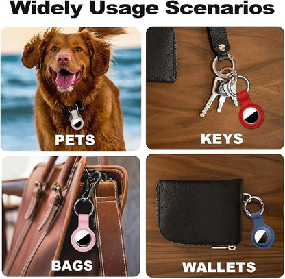 [4 Pack] Compatible with AirTag Holder Keychain Silicone Key Ring Cases Tags Chain for Apple for Air Tag GPS Item Finders Accessories, Red/Milk Tea Color/Pink/Dark Blue
