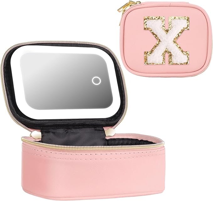 Mini Initial Makeup Bag With Led Mirror With Lights Gifts For Women Girls, Small Makeup Box For Travel Gift, Cosmetic Bag Make Up Organizer Personalized Bags Birthday Christmas Gifts For Womens (X)