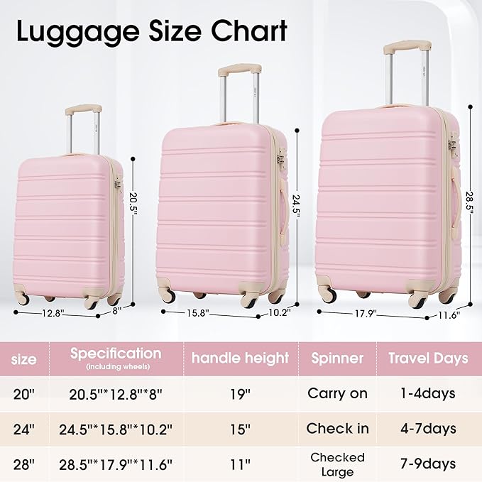 Merax Luggage Sets 3 Piece Expandable Hardshell Luggage with Spinner Wheels TSA Lock Suitcase Set(20/24/28,Light Pink-2)