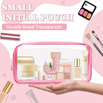 Small Clear Personalized Initial Makeup Bag,Nylon Preppy A-Z Chenille Letter Patch Cosmetic Pouch Beach Toiletry Bag,Waterproof Zipper Travel Purse Storage Bag Organizer for Women Girls(Pink-Pink J)