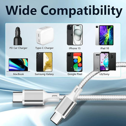cugunu USB C to USB C Charger Cable, Nylon Braided 3Pack 60W 10FT Type C Fast Charging Cord Compatible for iPhone 15/16/17/Pro/Max/Plus, iPad, Air5, MacBook, Samsung, Google-Silver