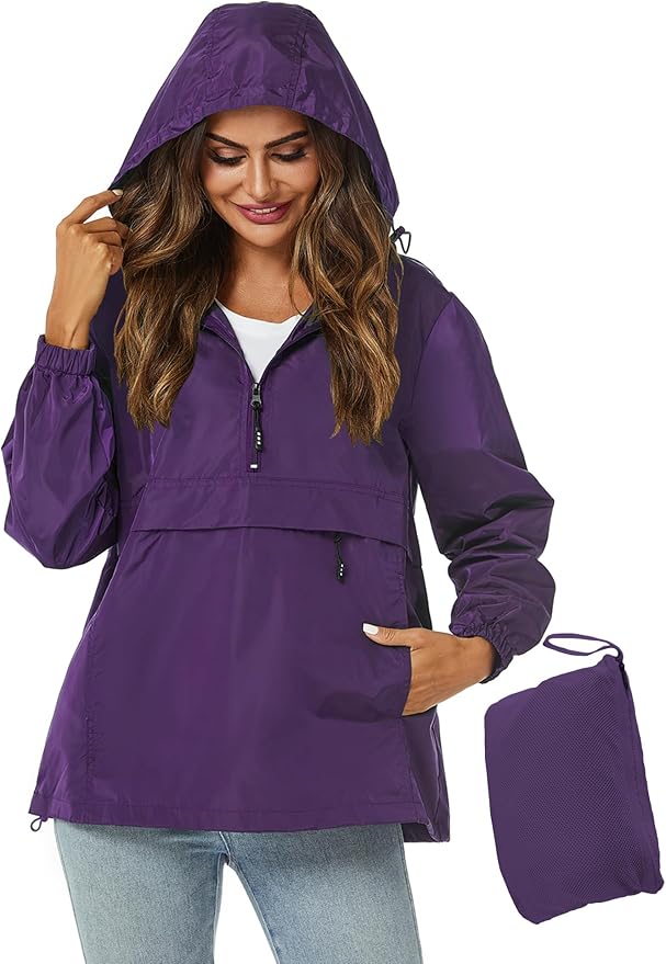 Avoogue Womens Rain Jacket with Hood,Pullover,Packable,Lightweight,Windbreaker,Waterproof,Breathable.