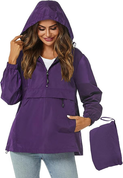 Avoogue Womens Rain Jacket with Hood,Pullover,Packable,Lightweight,Windbreaker,Waterproof,Breathable.