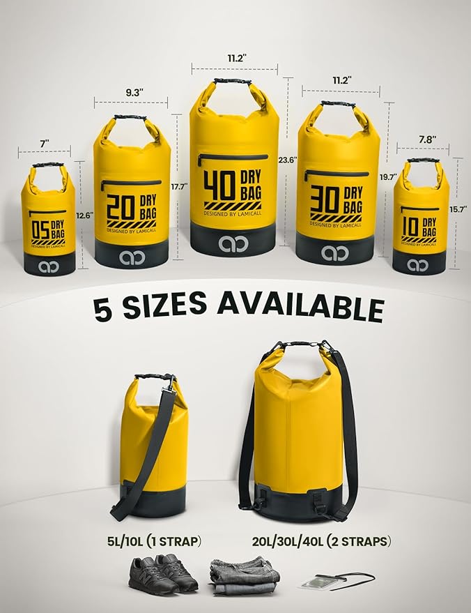 Lamicall Dry Bag, Waterproof Bag - [Durable & Floating] 5L/10L/20L/30L/40L Roll Top Drybag with Water Proof Phone Pouch for Travel Swimming Boating Kayaking Paddle Board Camping Beach Accessories