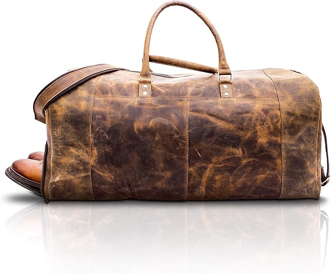 KomalC 24 Inch Leather Duffel Bags for Men and Women Full Grain Leather Travel Overnight Weekend Bags Sports Gym Duffle for Men (Brown Tan with shoe pocket)