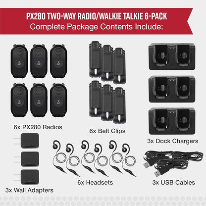 Cobra PX280 Compact Portable FRS Two-Way Radios - IP54 Certified Durability, Dock Charging, 12-Hr Battery, Compact Wearable Form Factor Professional Walkie Talkies for Business (6-Pack with Headsets)