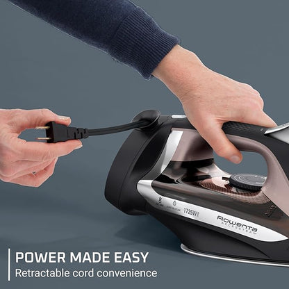 Rowenta Access Stainless Steel Soleplate Steam Iron with Retractable Cord, Powerful Steam Diffusion, Auto-Off and Anti-Drip, 1725 Watts, Black Clothes Iron, DW2459