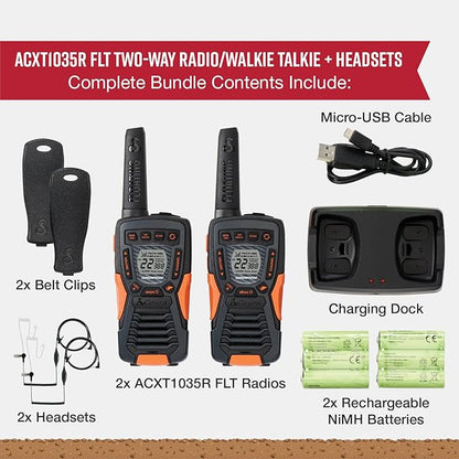 Cobra ACXT1035R FLT Floating and Waterproof Walkie Talkies for Adults & Compatible Cobra Surveillance Headset: Rechargeable, 22 Channels, Long-Range, 2 Two-Way Radios, 2 Headsets, Black/Orange