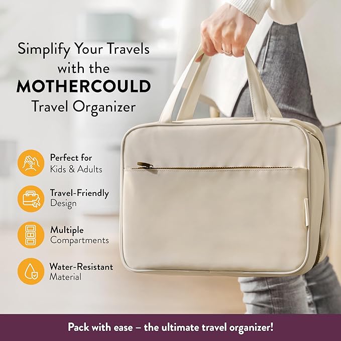 Kids Travel Organizer – Multi-Compartment, Water-Resistant Hanging Bag for Toys, Snacks, & Activities - Compact, Lightweight Design with Hook & Carry Handle - Perfect for Travel Use (Beige, Large)