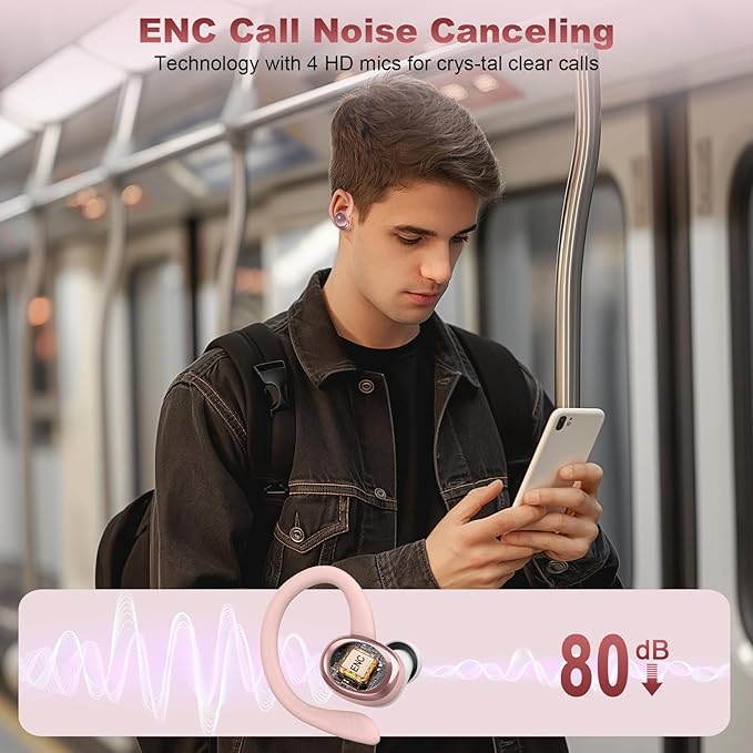 Wireless Earbuds Sport, New Bluetooth 5.4 Headphones with Earhooks, 50H Stereo Deep Bass Over Ear Buds with 4 ENC Noise Canceling Mics, IP7 Waterproof Earphones for Running Workout Gym -Rose