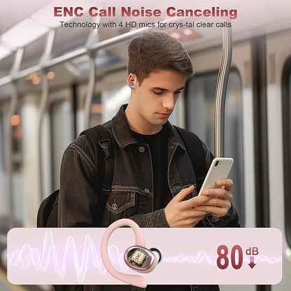 Wireless Earbuds Sport, New Bluetooth 5.4 Headphones with Earhooks, 50H Stereo Deep Bass Over Ear Buds with 4 ENC Noise Canceling Mics, IP7 Waterproof Earphones for Running Workout Gym -Rose