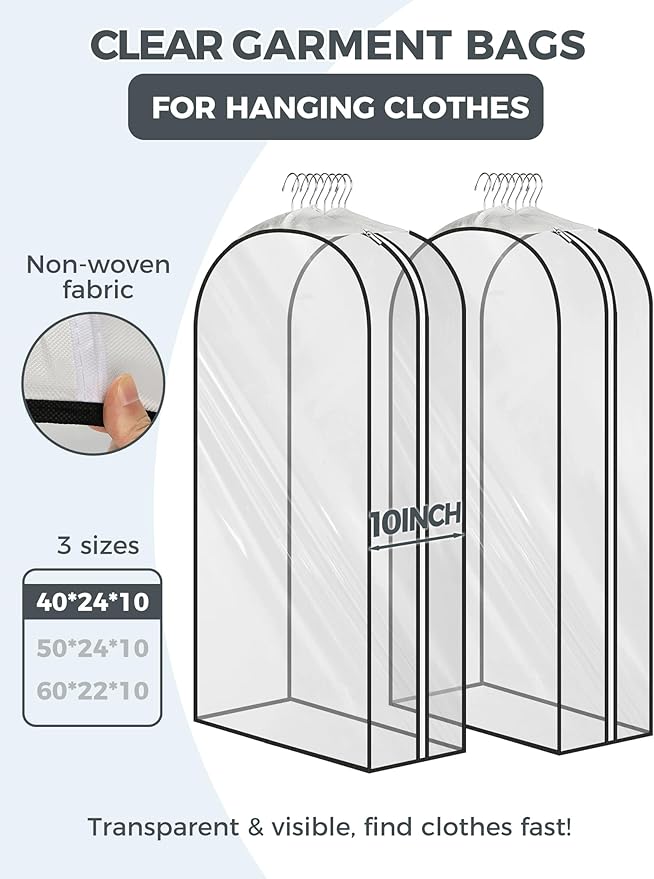 6 pcs 40" Garment Bags for Hanging Clothes, Clear Suit Bags for Closet Storage Clothing Storage, Garment Bags for Travel Covers with 10" Gussets for Coats, Jackets, Shirts and Sweater