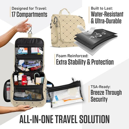 VENTURE 4TH Hanging Travel Toiletry Bag for Women & Men – Large Toiletry Organizer with 17 Compartments, Removable TSA Pouch, Travel Wash Bag for Toiletries, Makeup & Shaving Kit (Beige Diamonds)