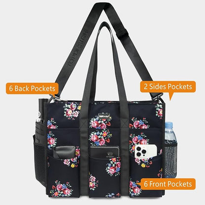 TOPDesign Utility Water Resistant Tote Bag with 22 Pockets, Top Zipper Closure & Thick Bottom Support, for Working Women