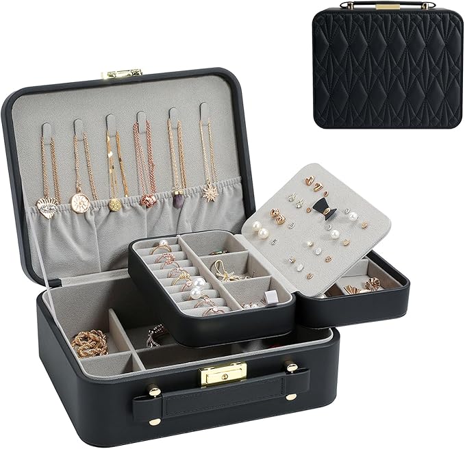 Portable Jewelry Box, Large Travel Jewelry Case Organizer (Black)