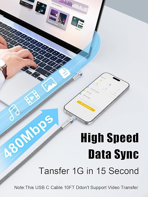 240W USB C to USB C Cable 10FT,180°Rotation Long USB C Cable Fast Charging, USB 2.0 Nylon Braided Type C Charger Cord for iPhone 17/16/15,MacBook,iPad ﻿