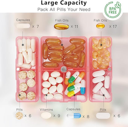FYY Daily Pill Organizer, 7 Compartments Portable Pill Case Travel Pill Organizer,[Folding Design] Pill Box for Purse Pocket to Hold Vitamins,Cod Liver Oil,Supplements and Medication-Clear Red