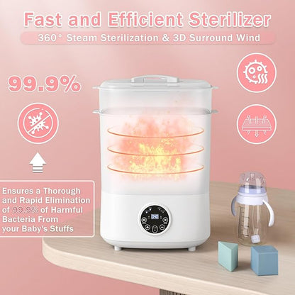 Fisca Baby Bottle Sterilizer and Dryer, 5-in-1 Large Capacity Bottle Sanitizer and Dryer, 2 Layers Compact Baby Bottle Electric Steam Sterilizer and Dryer for Baby Bottles, Pacifiers, Pump Parts
