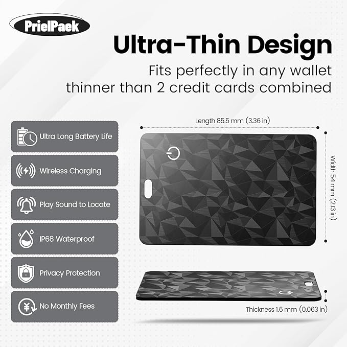 Wallet Tracker Card for Apple Find My(iOS Only) - PrielPaek Rechargeable Slim Card Finder, Long Battery Life, IP68 Waterproof and Dust Proof, Item Locator for Wallet, Luggage Tags, ID Card and More