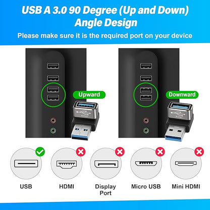 90 Degree USB 3.0 Adapter 2 Pack, (Up and Down) Right Angle USB Type-A Male to Female USB L Shape On The Go (OTG) Connector Extender Support Charge & Data Sync (5Gbps) for PC, Laptop, Mouse, Keyboard