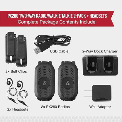 Cobra PX280 Compact Portable FRS Two-Way Radios - IP54 Certified Durability, Dock Charging, 12-Hr Battery, Compact Wearable Form Factor Professional Walkie Talkies for Business (2-Pack with Headsets)