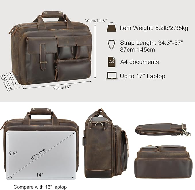 TIDING Full Grain Leather Briefcase For Men 17 Inch Laptop Case Business Travel Office Messenger Shoulder Bag