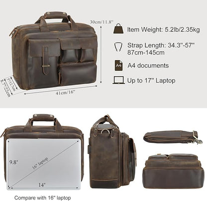 TIDING Full Grain Leather Briefcase For Men 17 Inch Laptop Case Business Travel Office Messenger Shoulder Bag