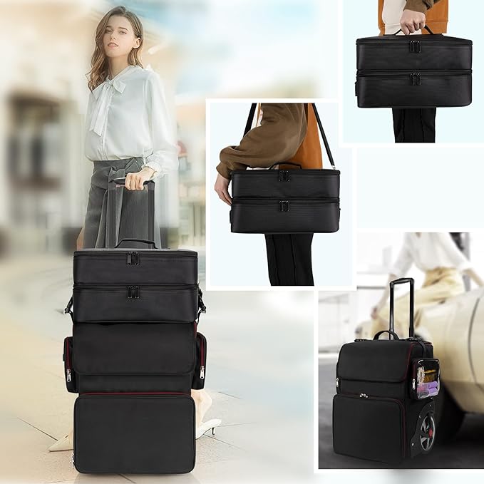 Large Makeup Train Case with a Large Makeup Travel Bag for Hairstylist, Hairdresser Bag with Detachable Pouch,Heat Insulation and Anti-scalding Full layer for Hairdressing Tool Organizer, Big wheels