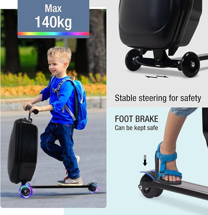 Apelila 20" Scooter Suitcase for Kids, 2-in-1 Ride On Luggage with Wheels for Boys & Girls Ages 4-15, Foldable Hardshell Carry On Lightweight Travel Suitcase for Airplane (Gentle Black w/LED)