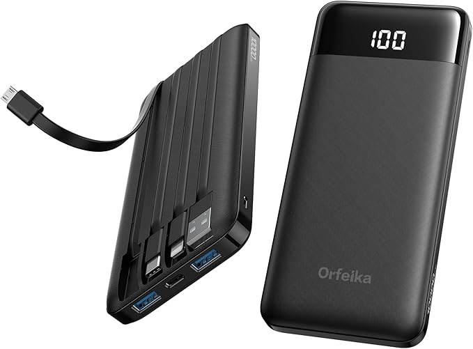 Portable Phone Charger, 10000mAh Portable Charger Power Bank with Built-in Cables, Travel Essential Battery Pack Compatible with iPhone, Samsung, Google, iPads, Tablets, etc