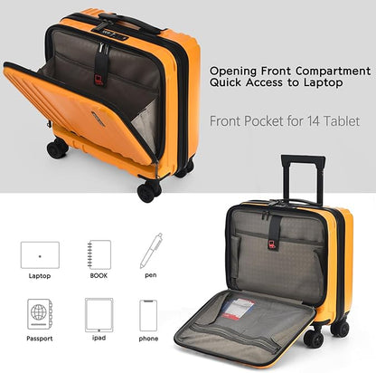 TydeCkare 16" Carry on Luggage with 2 Laptop Compartments, Lightweight Hardshell ABS+PC Suitcase with Dual Control TSA Lock, with YKK Zipper, 4 Spinner Silent Wheels, for Business Travel, Orange