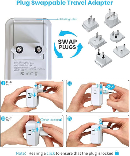 VINTAR Universal Travel Adapter Kit, International Power Adapter with 4 AC & 3 USB Ports(2 USB C), Type A,B,C,E/F,G,I, Swap Adapt Attachments, Travel Adapter Worldwide for Europe/UK/Aus/Japan/Africa