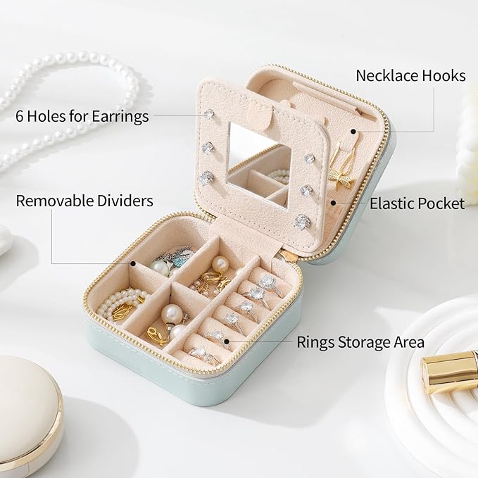 Genuine Leather Travel Jewelry Case Organizer with Mirror for Women, Small Jewelry Box Portable Mini Jewelry Case for Earring, Ring, Necklace, Bracelet(Beige)