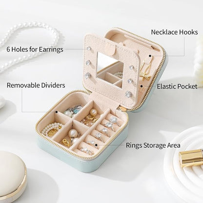 Genuine Leather Travel Jewelry Case Organizer with Mirror for Women, Small Jewelry Box Portable Mini Jewelry Case for Earring, Ring, Necklace, Bracelet（Milled Leather Brown）