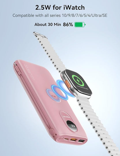 Portable Charger, 10000mAh 22.5W Fast Charging Power Bank with Built in Cable & Wall Plug, Travel Essential Battery Pack with LED Display, External Charger for iPhone 17/16, iWatch 11/10/9/8/Ultra/SE