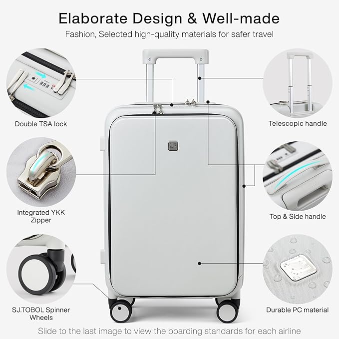Hanke Grace Carry On Luggage with Wheels Airline Approved Hard Shell Suitcases with Front Pocket，Top Opening Luggage with TSA Lock for Short Business Travel，Smoke White.
