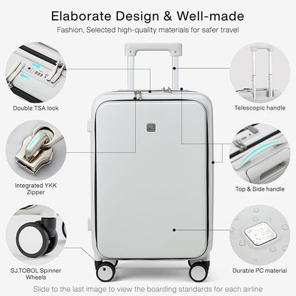 Hanke Grace Carry On Luggage with Wheels Airline Approved Hard Shell Suitcases with Front Pocket，Top Opening Luggage with TSA Lock for Short Business Travel，Smoke White.