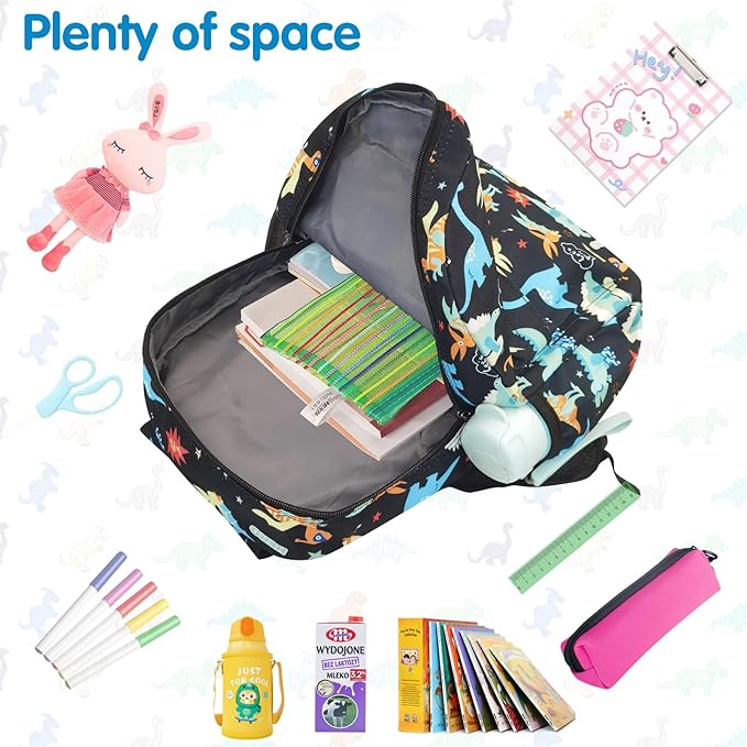 Kids Backpack for Girls Boys - 15 Inch Dinosaur Childrens Backpack Cute School Bag Kindergarten Backpack for Ages 3-8, Black