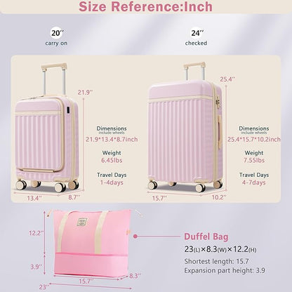 Merax Luggage Sets 2 Piece Front Opening, Hardside Lightweight Carry on Suitcase with USB Port,Durable Expandable Luggage with Bags Spinner Wheels and TSA Lock,Pink
