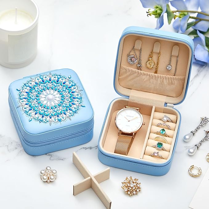 2 Pcs Portable Diamond Painting Jewelry Storage Box Mandala Diamond Art Accessories Blue PU Leather Jewelry Ring Organizer Case Travel Jewelry Organizer