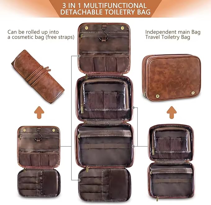 Personalized Leather Toiletry Bag - Waterproof 3-in-1 Large Travel Organizer With Personalized Name, PU Leather Shaving Bag, Organizer Bag for Father, Husban,d Boyfriend (Produced in USA)
