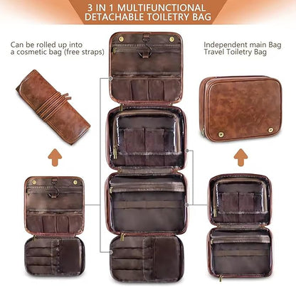 Personalized Leather Toiletry Bag - Waterproof 3-in-1 Large Travel Organizer With Personalized Name, PU Leather Shaving Bag, Organizer Bag for Father, Husban,d Boyfriend (Produced in USA)