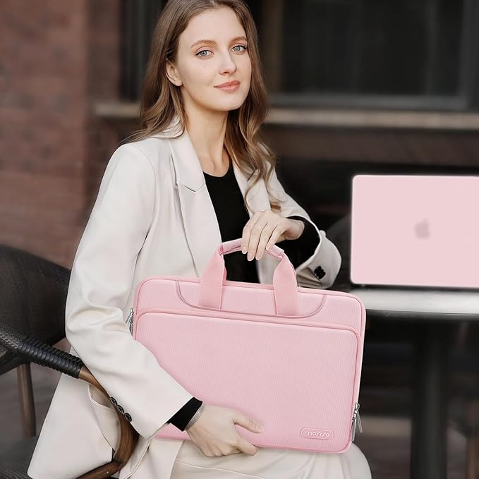 MOSISO 360 Protective Laptop Shoulder Bag Compatible with MacBook Air 15 M4 A3241 M3 A3114 M2 A2941/Pro 16 inch M4 M3 M2 M1, 15-15.6 inch Notebook,Matching Color Sleeve with Belt, Pink
